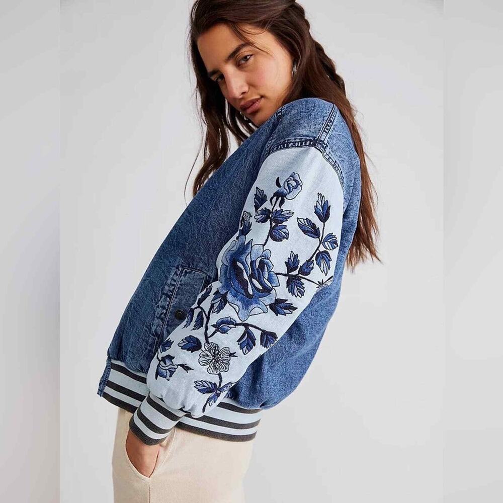NWT $298 Free People We The Free Team Spirit Jacket Bomber Embroidered Denim XL